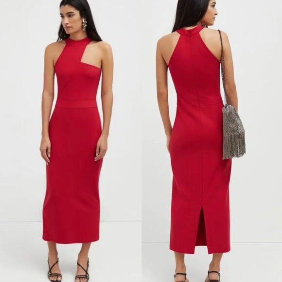 Marcella Women's Sonata Asymmetric Neckline Sheath Midi Dress Red S Glam Formal - Picture 1 of 15